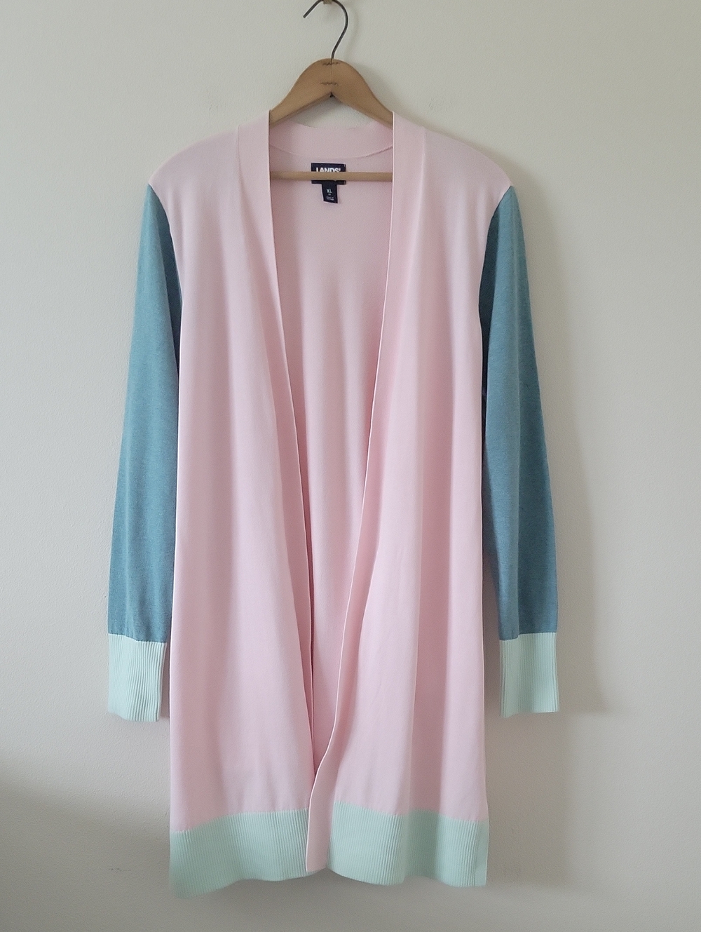 Lands' End Pink Green Colorblock Open Cardigan Sweater Size XL